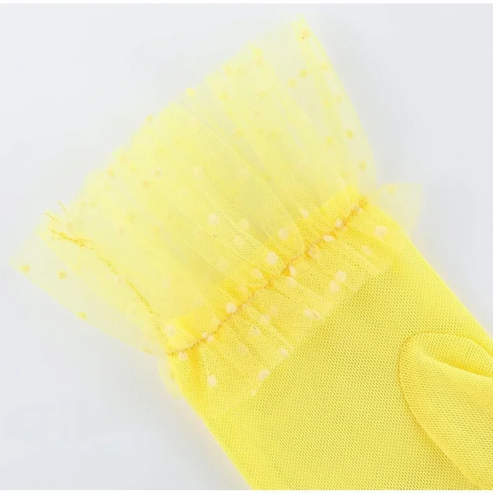 Women's Short Lace Yellow Tulle Sheer Mesh Tea Party Prom Gloves Banquet Costume